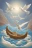 Placeholder: The flood, the Ark floats in the open sea, a dove flies in the sky with an olive branch in its beak