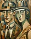 Placeholder: 1920s cubist style, 18th century man and woman.