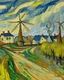 Placeholder: A white village with windmills in a windstorm painted by Vincent van Gogh