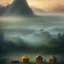 Placeholder: an incredible, stunning rice patties with small shanties, morning mist, mountains in the distance,8k, high-quality, ultrafine-detail, intricate, detailed matte, digital painting, artwork, brian froud, howard lyon, selina french, anna dittmann, annie stokes, Greg Rutowski