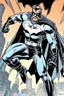 Placeholder: in the art style of neal adams -- an extremely muscular superhero man wearing a black, skintight, formfitting cowl, a black, skintight, formfitting, Kevlar bodysuit, Silver Wrist Gauntlets, Silver Belt, Silver knee-high boots, black gloves, silver "M" logo on the chest, a mustache and goatee, black gloves,