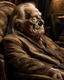 Placeholder: a chubby really old decomposing male mummy, looks similar to donald trump, eyes closed, leaned over in a brown chair