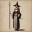 Placeholder: ConceptSheet [by Guy Borremans]: woman wizard and her long rod with AD&D statistics