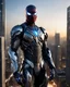 Placeholder: Create an image of a Spider-Man Robot in a highly detailed and advanced armored suit, similar to the one shown but with even more intricate designs and cool features. The armor should have a sleek, futuristic look with glowing elements and enhanced gadgets visible on the suit. The setting is at dusk in an urban environment, with the character standing on a high-rise building overlooking a cityscape that reflects the advanced technology of the world they are protecting.