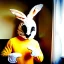 Placeholder: a man in a rabbit costume, hotel room