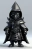 Placeholder: male gnome with jet-black skin, eyes like faceted crystal, wearing full leather armor, a black hooded cloak and a full mask