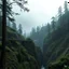 Placeholder: visible view from the side one old stunning wooden bridge connects the two gorge it is between two shores, sprawling, tall dark trees on both shores, in the distance in the background little village made wooden houses on the rock,, rainy landscape, lush vegetation , tall thick alien trees, massive trees in landscape, high detailed, rainy day, high photorealistic, fantasy cinematic