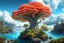 Placeholder: Creation: photorealistic exotic giant fungus and coral with tentacles floating down to a rocky shoreline, cliffs, and cloud trees