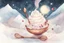 Placeholder: whipped cream peaks in a copper whisk (60% of the picture), cute chibi kids sledding down the peaks, a wire whisk next to the cauldron, raspberry seeds in sunshine, watercolor and black ink outlines, sparkling golden glitter, ethereal, cinematic postprocessing, bokeh, dof