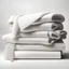 Placeholder: super realistic photo of a stack of fluffy towels on a white background