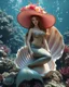 Placeholder: realistic photo rendering picture full body beautiful Mermaid sit pose on large mollusk shell,she wearing luxurious shimmer hat large made from borroque elements flowers sea, seaworld,underwater full of sorrounded bigbubble waters