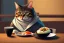 Placeholder: A cat with a hoodie is sitting on a table eating sushi