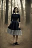 Placeholder: Wednesday Addams wore a fit-and-flare dress hitting below the knees, made of finely ribbed wool in a muted charcoal. Three-quarter sleeves and a high lace collar lent it an air of mystery. At the waist was tied a wide sash of deepest navy silk, swaying gently as she walked. On her narrow feet were oxford shoes the color of stormclouds, laced up to her ankles. A felt hat the same gunmetal hue covered her dark bob, its slight brim casting deepening shadows across her pale features.