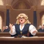 Placeholder: a feminine French judge, blonde with curvy hairs, glasses, her official Court dress, she argues with talent, her finger pointing the ceiling, she sits on a large stone in the middle of the tribunal
