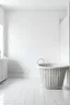 Placeholder: white wall, front view with laundry basket to right on floor