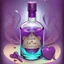 Placeholder: Cartoon illustration of love potion number 9 bottle sparkling, enchanted, fantasy illustration, highly detailed vintage story art style, purple tones, exaggerated, surreal