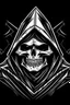 Placeholder: inside a diamond shape, skeletor motu in a black hooded cloak drawn in a retro mascot style, inside a diamond shape on a black background, monochromatic