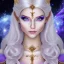 Placeholder: cosmic mage, elf, female, cosmic magic, long ears, white hair, face details, pale skin, jewellery, broad shoulders, sharp ears, cosmic clothes, cosmic eyes, ears shown, the cosmos in eyes, shining eyes, thin face, detailed ears, magical eyes, closed mouth, make up, smiling face, happy face, pointy ears