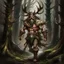 Placeholder: large muscular firbolg man covered with fur and vines with antlers walking in the woods fantasy digital art