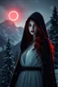 Placeholder: Photoreal gorgeous hooded warlock vampire woman spirit demon with pale skin and red hair surreal white wispy dress in a dark mountain landscape snowing at night otherworldly creature, in the style of science fiction victorian, photorealistic, bokeh masterpiece smooth shading, ultra detailed, high resolution, cinematic, deep shadows, 8k, cinema 4d, HDR, dust effect, vivid colors brooding gothic and blood on snow with eclipse tinged with dark red frazzeta painting trees