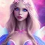 Placeholder: beautiful, soft, big smile face, whole head, long straight blonde hair blues eyes, crown on the head, clothing in transparent bluish and pink veil,fairy wings on the back, background brillante bluish and pink, hight definition, 8K