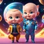 Placeholder: (masterpiece, best quality, 8k, RAW photo, beautiful and aesthetic:1.2), complex detail, Indirect light, photorealistic, (((full body))), 2 Cosmic Boss Baby style, bald boy and girl smiling, long curved blonde hair , with a ginger cat companion, colorfull Sci-Fi environment