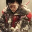 Placeholder: just a distant japanese only boy, Christmas night, photo from behind, black hair, sitting on floor, akira red jacket with pill in the back, tokyo post apocalyptic, rain, extremely detailed, extremely realistic