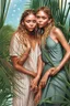 Placeholder: ((Mary-Kate and Ashley Olsen a warm hug)),Nestled against the backdrop of swaying palms and colorful tropical flora, the woman embodies an idyllic vision of seaside repose. Seashells and small pebbles create a delicate mosaic at the base of her lounger, mirroring the natural beauty surrounding her. A subtle fragrance of salt and coconut oil lingers in the air, enhancing the sensory tapestry of the scene.