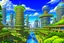 Placeholder: detailed alien cityscape, buildings with balconies, tracks, roads, paths, river, trees, dense foliage, blue sky, white clouds