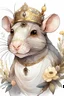 Placeholder: anthropomorphic rat, young woman, wearing an all white dress, with pale skin, pastel eyes, and long dark brown hair, tied up in a braid crown, flowers in her hair, rat features, freckles. rat ears, beautiful, daring expression, feminine features