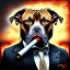 Placeholder: spray paint art,realistic pit bull mafia boss smoking sigar, holding machine gun and wearing suit, city streets,run for cover, book illustration