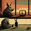 Placeholder: pig watching a tv about video game persona with a rabbit playing music beksinski style