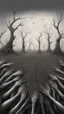 Placeholder: a field of thousands of hands of bodies rising up from the ground not visible, horror, hands in different shapes coming out from the ground towards the sky Busch painting style nightmare and thin line draw, a dry tree no leaves only branches