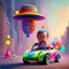 Placeholder: A one-year-old boy rides in the plastic funny toy-car on the middle of a busy street in new york. He has and a large-brimmed straw hat. somehow photographic bright colors and sunset, fantasy art, Anna Dittmann, digital painting, dan mumford, oil on canvas, jeff koons, akihito yoshida, wlop, kodachrome,