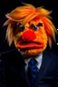 Placeholder: a Film Photograph of a realistic angry orange Donald Trump Muppet made of felt and fur wearing a dark blue suit and red tie and with blonde hair combover, he is old and angry