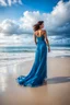 Placeholder: young lady wearing beautiful maxi blue dress standing in beach posing to camera ,ships in sea ,blue sky nice clouds