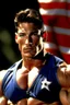 Placeholder: 20-year-old, extremely muscular, short, curly, buzz-cut, military-style haircut, pitch black hair, Paul Stanley/Elvis Presley/Keanu Reeves/Pierce Brosnan/Jon Bernthal/Sean Bean/Dolph Lundgren/Patrick Swayze/ hybrid, as the extremely muscular Superhero "SUPERSONIC" in an original patriotic red, white and blue, "Supersonic" suit with an America Flag Cape,