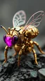 Placeholder: A fusion of organic and Neumorphism elements, depicting a tiny gold bee magenta mecha-larva. Its intricate mechanisms are driven by interlocking clay and complex mechanical lens embedded throughout its massive glassy frame. The mecha's mane is ingeniously replaced with a rotating speedmeter system, amplifying its cybernetic presence. With hyper-techno aesthetics, run searching a foods