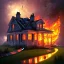 Placeholder: a house on fire in a hurricane, ball guests on roof