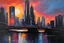 Placeholder: Sunset, city, cyberpunk influence, abstract influence, henry luyten impressionism paintings