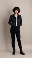 Placeholder: beautiful lady with short black curlay hair ,classic jacket and pant and stand full body hands free release pose pretty boots ,simple background