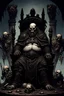 Placeholder: a gigantic, demonic, obese, monstrous, humanoid, warlord, covered in battle scars, missing an arm and a foot, setting upon a throne made of old broken rusty weapons, skulls and bones, and surrounded by a harem of females of different fantasy species and races, all in different stages of pregnancy and dress in the Grim/Dark Baroque neo-gothic Steampunk dystopian future style.
