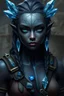 Placeholder: Please generate a female earth genasi She should have dark-colored skin. She should have lines marking her skin like cracks, showing glimmering gem-like veins. Instead of hairs, she has blue crystals. She also have crystals on her forearms. She wears adventurer clothes. She has blue eyes