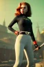 Placeholder: retro portrait image from 1960, Moscow background, wind, long red hair, fighting stance, sweet young Scarlett Johansson, classic black tight lycra suit, weapon, gold bracelet and belt, high heel boots, soft color, highly detailed, unreal engine 5, ray tracing, RTX, lumen lighting, ultra detail, volumetric lighting, 3d, finely drawn, high definition, high resolution.