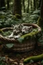 Placeholder: A baby sleeping in a basket in the middle of a forest . Two wolfs looking at the baby