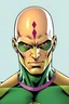 Placeholder: superheroe, calvo, fusion de brainiac y lex luthor, con marcas en la frente como brainiac, que mueve objetos con su mente, estilo comics de los 80s