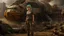 Placeholder: A 60-year-old woman with blond hair, a brown shirt, shorts, and boots, holding an armful of complex equipment, standing in front of a grounded cargo spaceship, with a ruined city in the background.