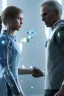 Placeholder: detroit become human, two people looking at each other , sci-fi fantasy style, volumetric lighting, particales,highly detailed,cinamatic, deep colours,8k.