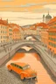 Placeholder: A light rosy orange city with cars and a bridge painted by Vincent van Gogh