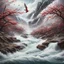 Placeholder: Rustic cherry branch floating down narrow rushing river, violent rapids, white peaks, birds flying. Highly detailed, fantasy, beautiful,hyperrelastic,